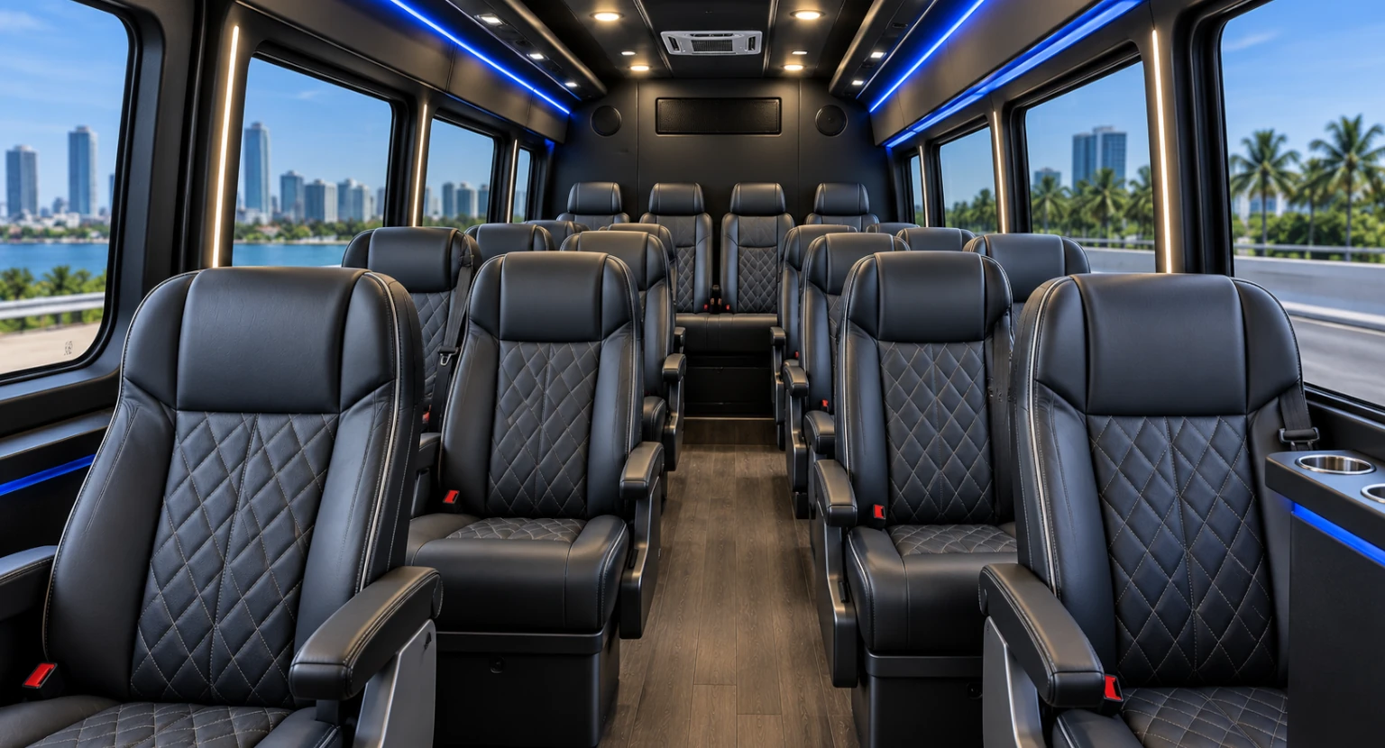 Interior of a 14-passenger executive Sprinter van