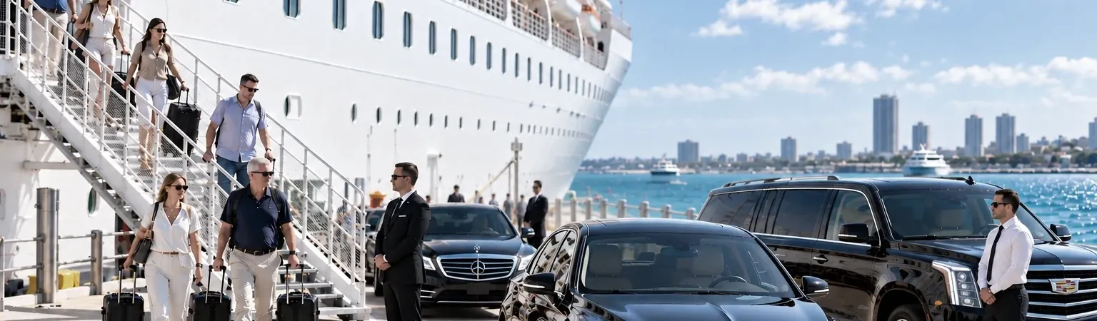 Group charter bus transportation connecting travelers with a cruise port