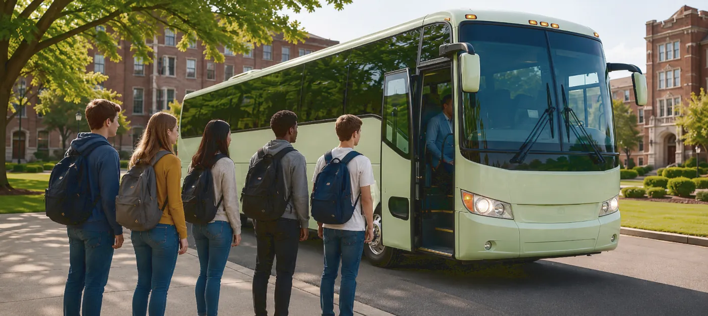 University students gathered near group transportation
