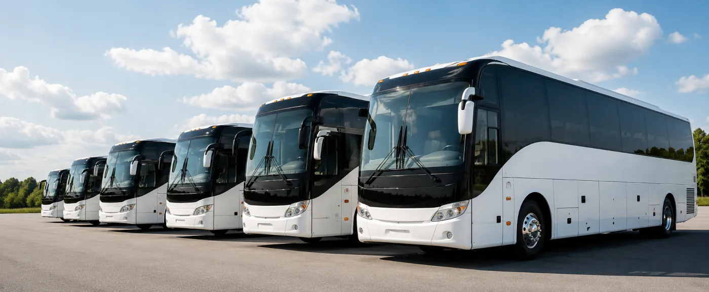 Line of modern charter coaches ready for group transportation