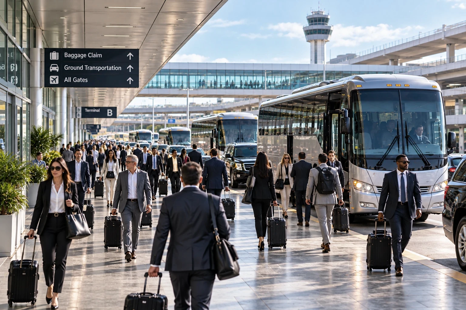 Convention attendees arriving by group transportation