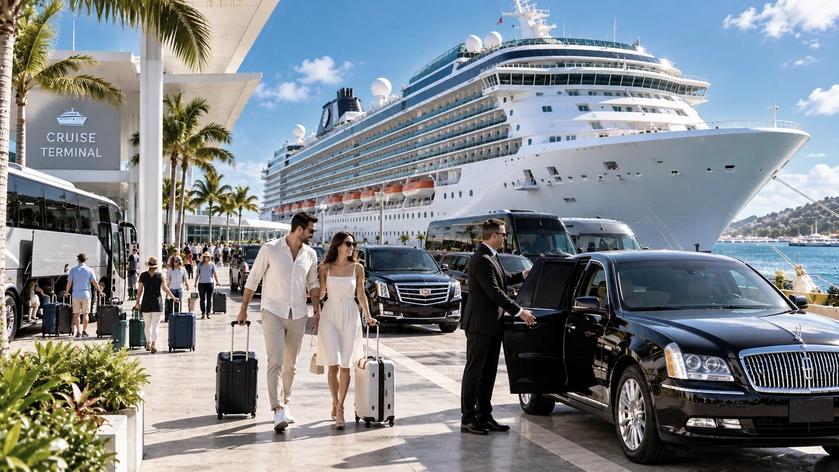 Cruise transportation with executive vehicles, coaches and travelers at a cruise terminal