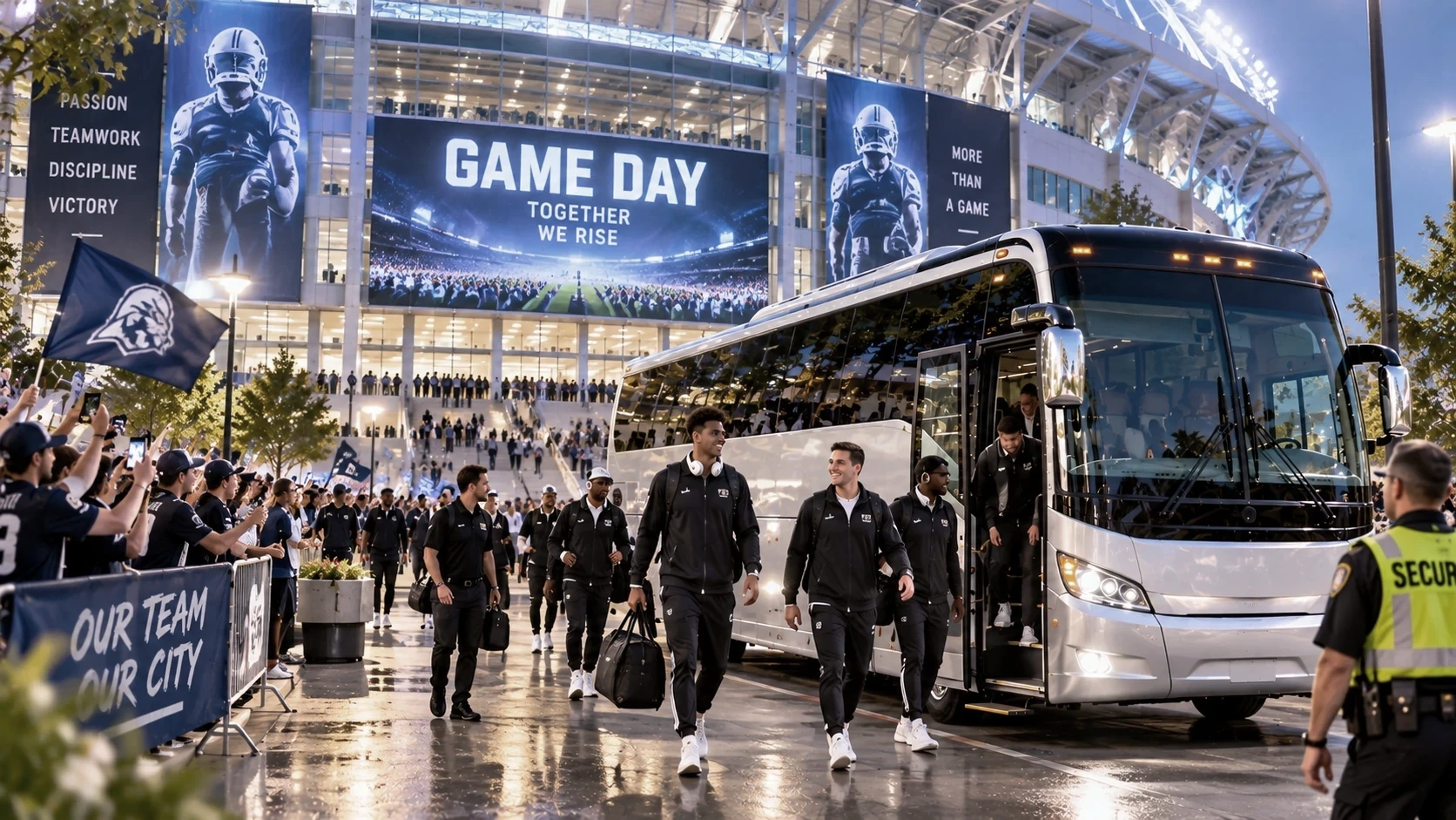 Athletes arriving at a sports venue by charter transportation
